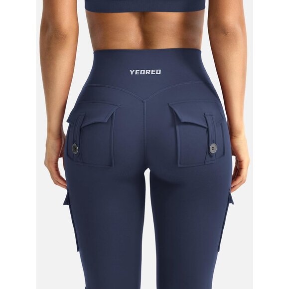 Women's Navy High Waisted Workout Flare Leggings 32 inch Seam with Pockets - Picture 3 of 6